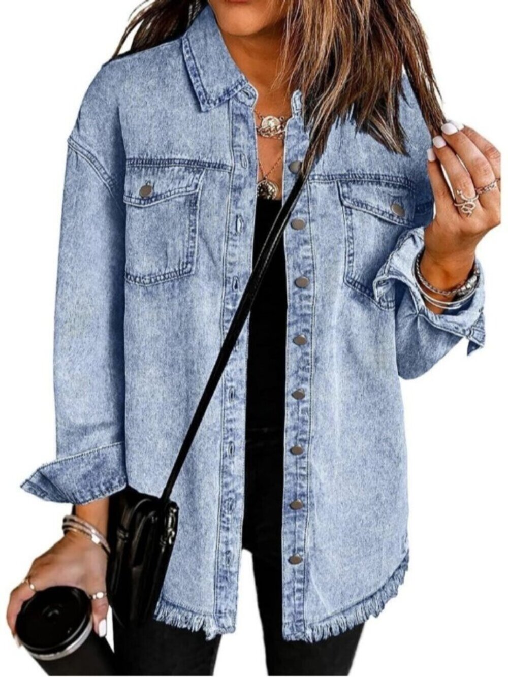 Women's Sky Blue Oversized Drop Shoulder Button Up Frayed Hem Denim Jean Jacket